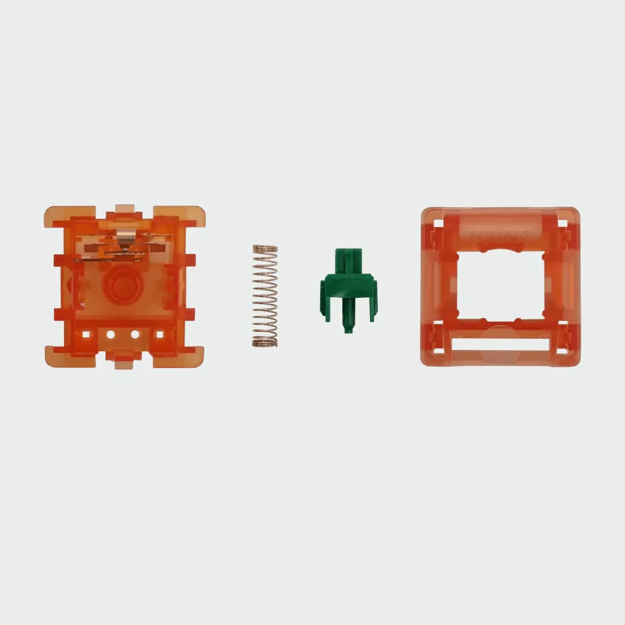 The inside of a C³Equalz tangerine 67g mechanical keyboard switch